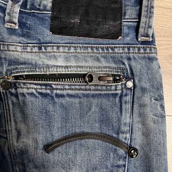 Y2K G Star RAW Attacc Low Straight Jeans Blue Distressed Denim Jeans Size 30